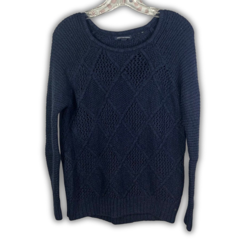 American Eagle Navy Blue Diamond Cable Knit Fishermen Sweater Wool M‎ Anglercore